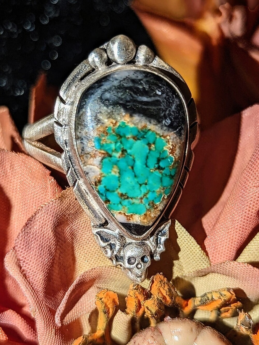 Blackjack Turquoise Teardrop Statement Ring With skull And Bat Wing Accent